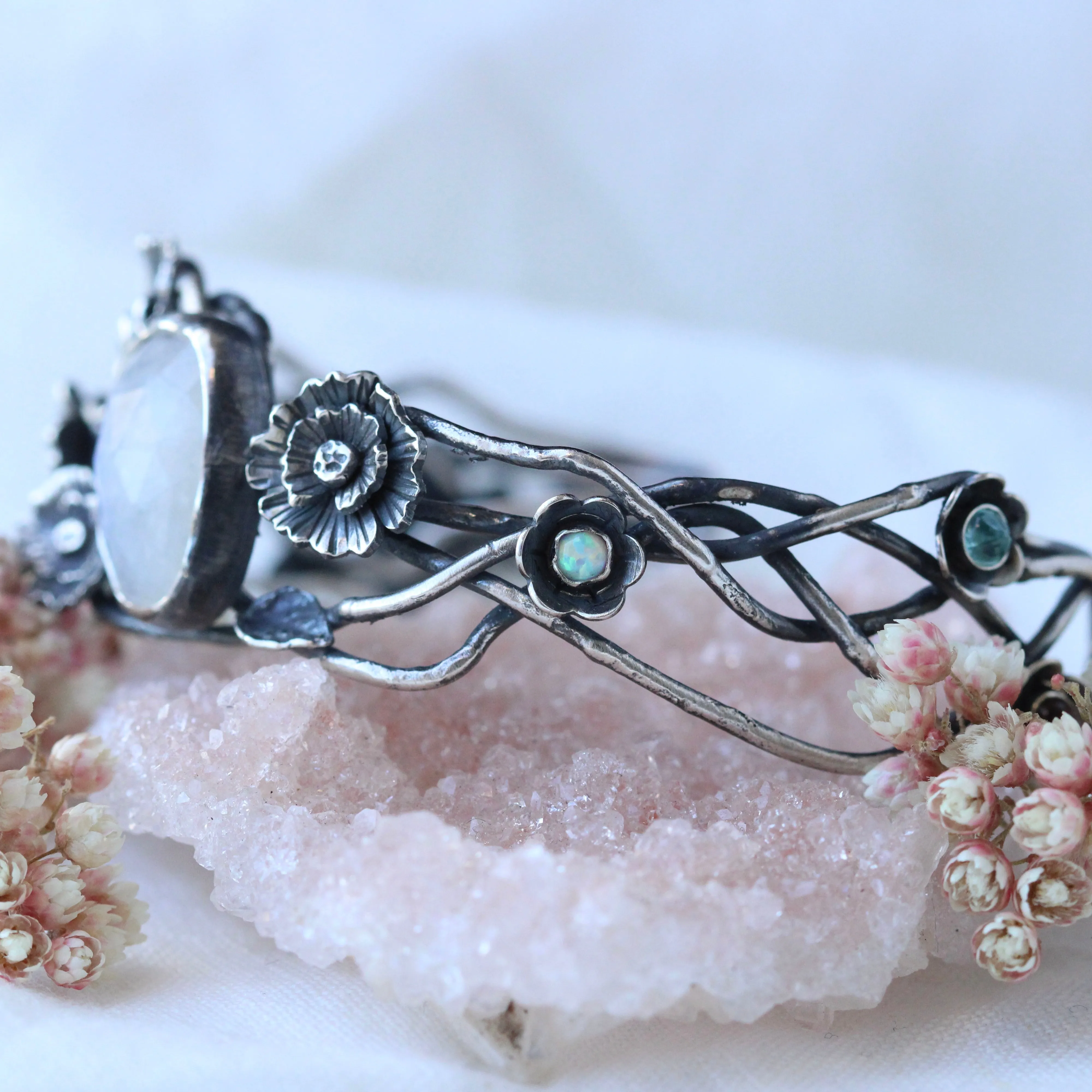 Twilight Garden Poppy and Moonstone Silver Cuff Bracelet