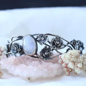 Twilight Garden Poppy and Moonstone Silver Cuff Bracelet