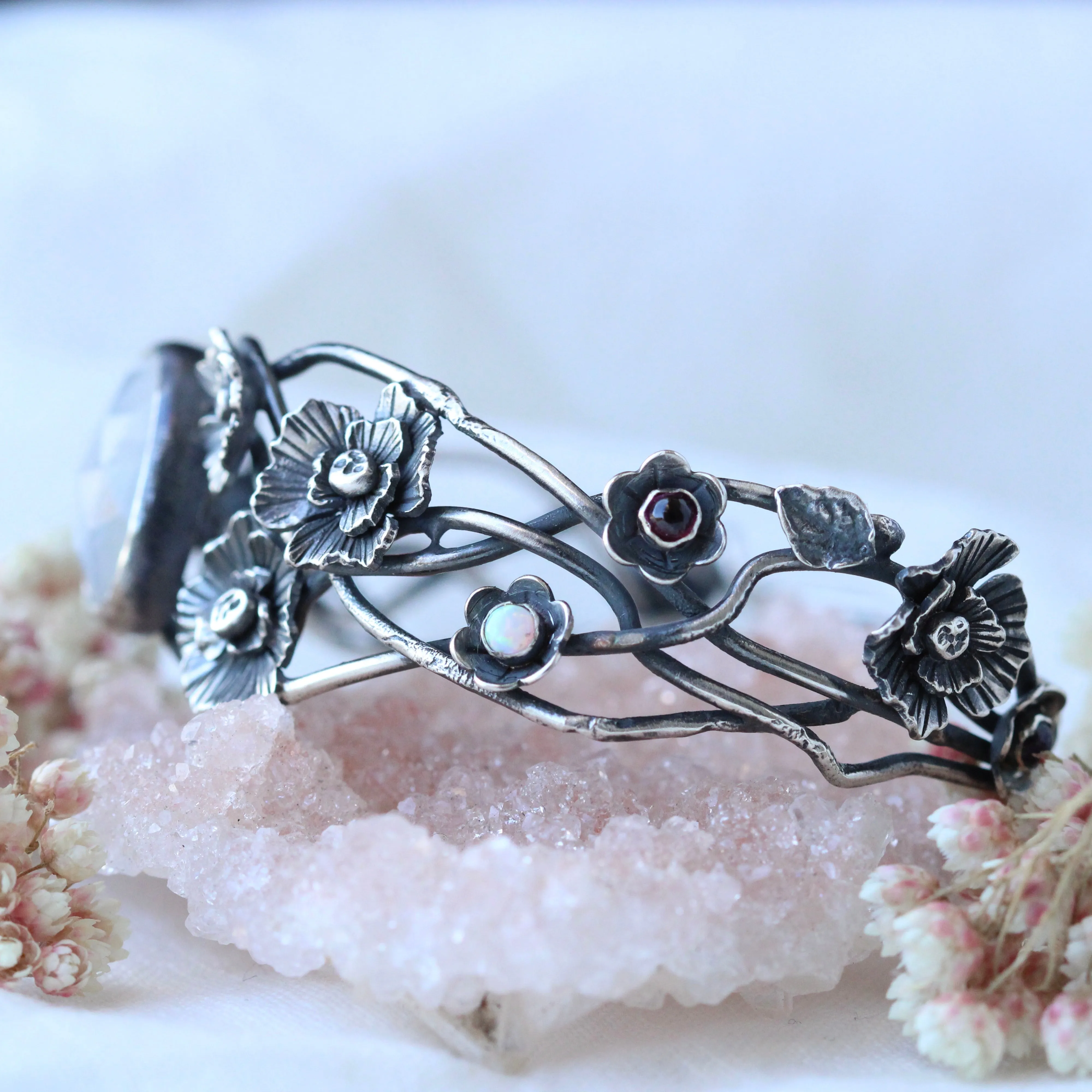 Twilight Garden Poppy and Moonstone Silver Cuff Bracelet