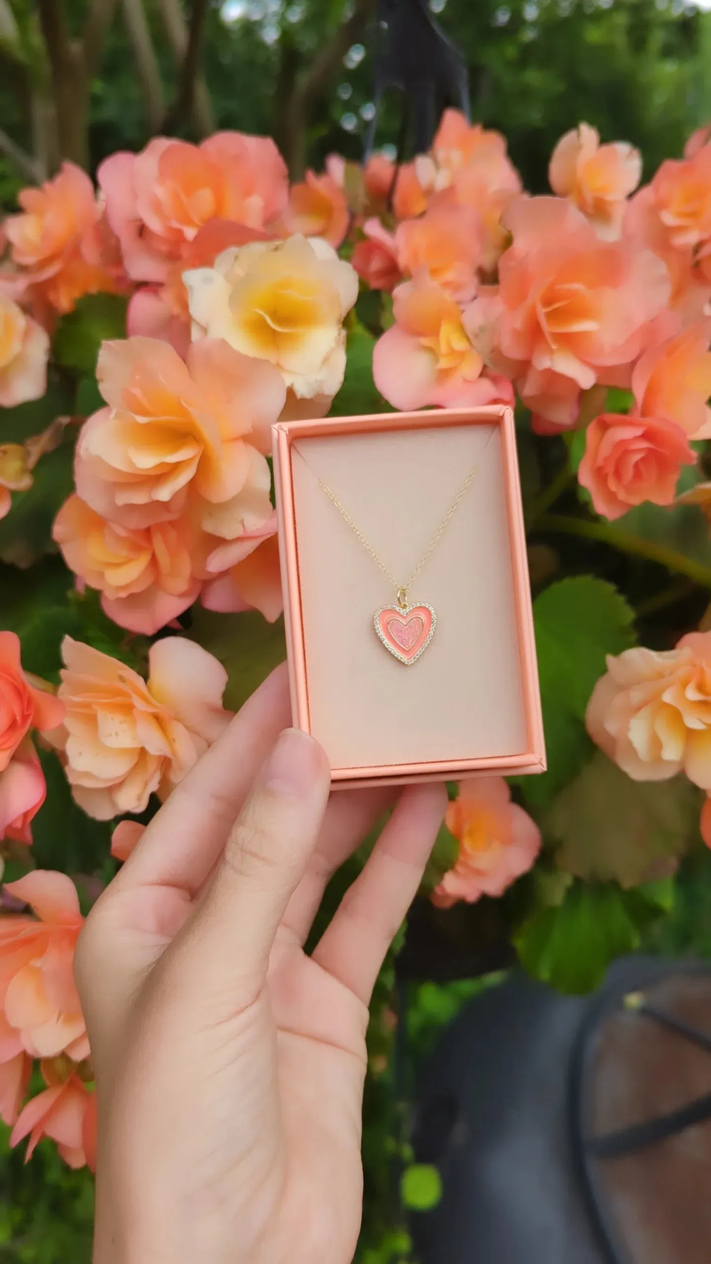 Two Tone Heart Necklace - Coral Enamel and Opal