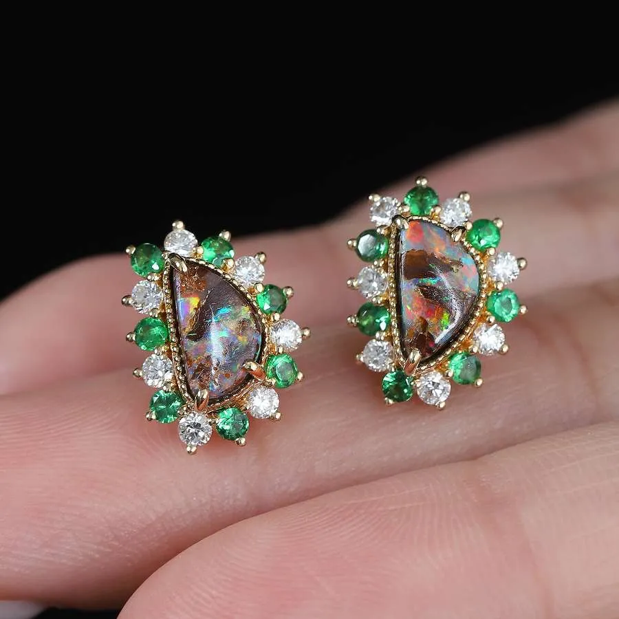 Unique Boulder Opal & Halo Diamond Tsavorite Stud Earrings 18k Yellow Gold