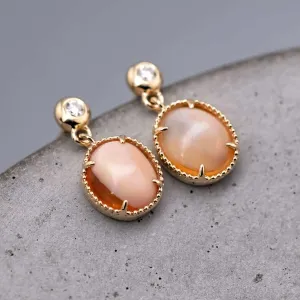 Unique Mexican Egg Fire Opal & Diamond Drop Earrings 18K Yellow Gold