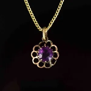 Vintage 14K Gold Amethyst Floral Charm Pendant Necklace