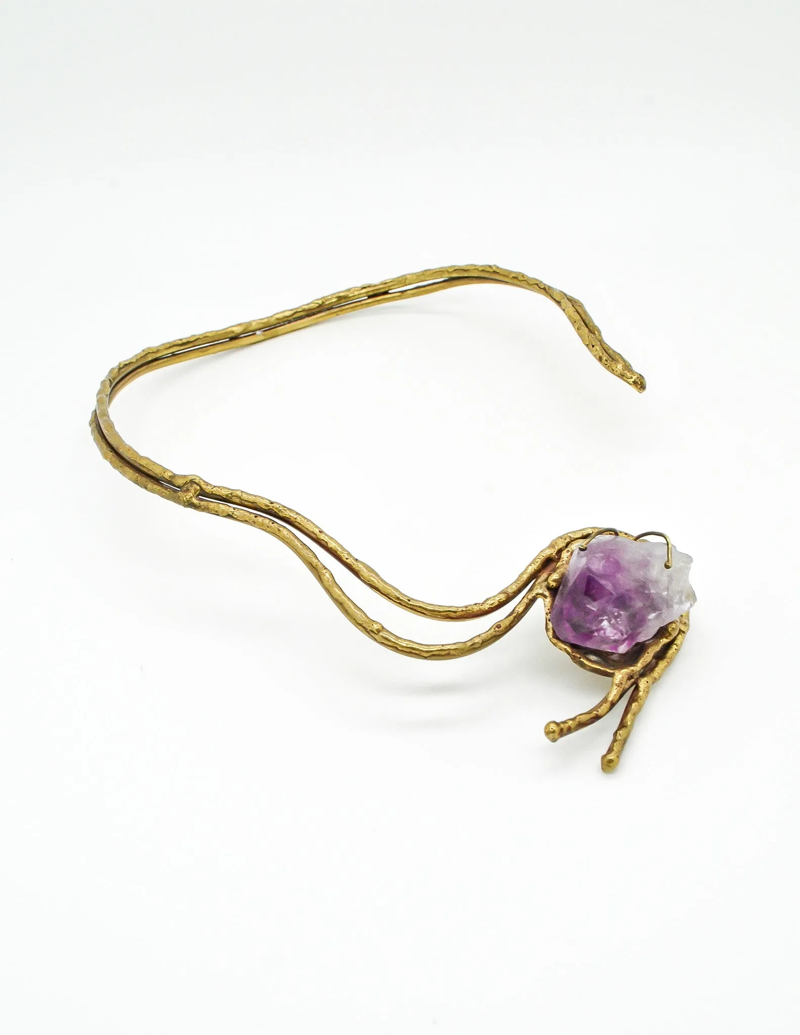 Vintage Amethyst Artisan Brass Metal Art Choker Necklace