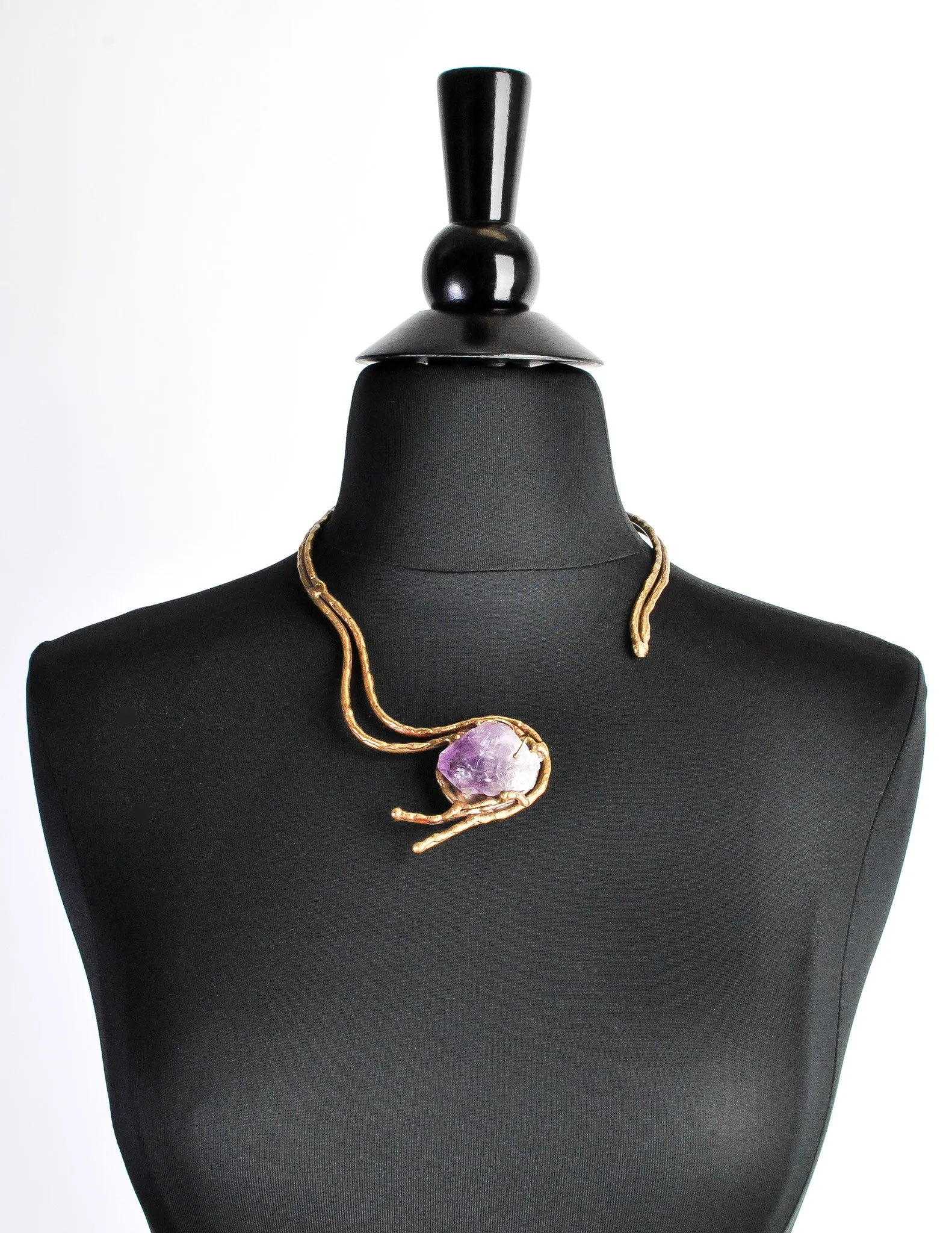 Vintage Amethyst Artisan Brass Metal Art Choker Necklace