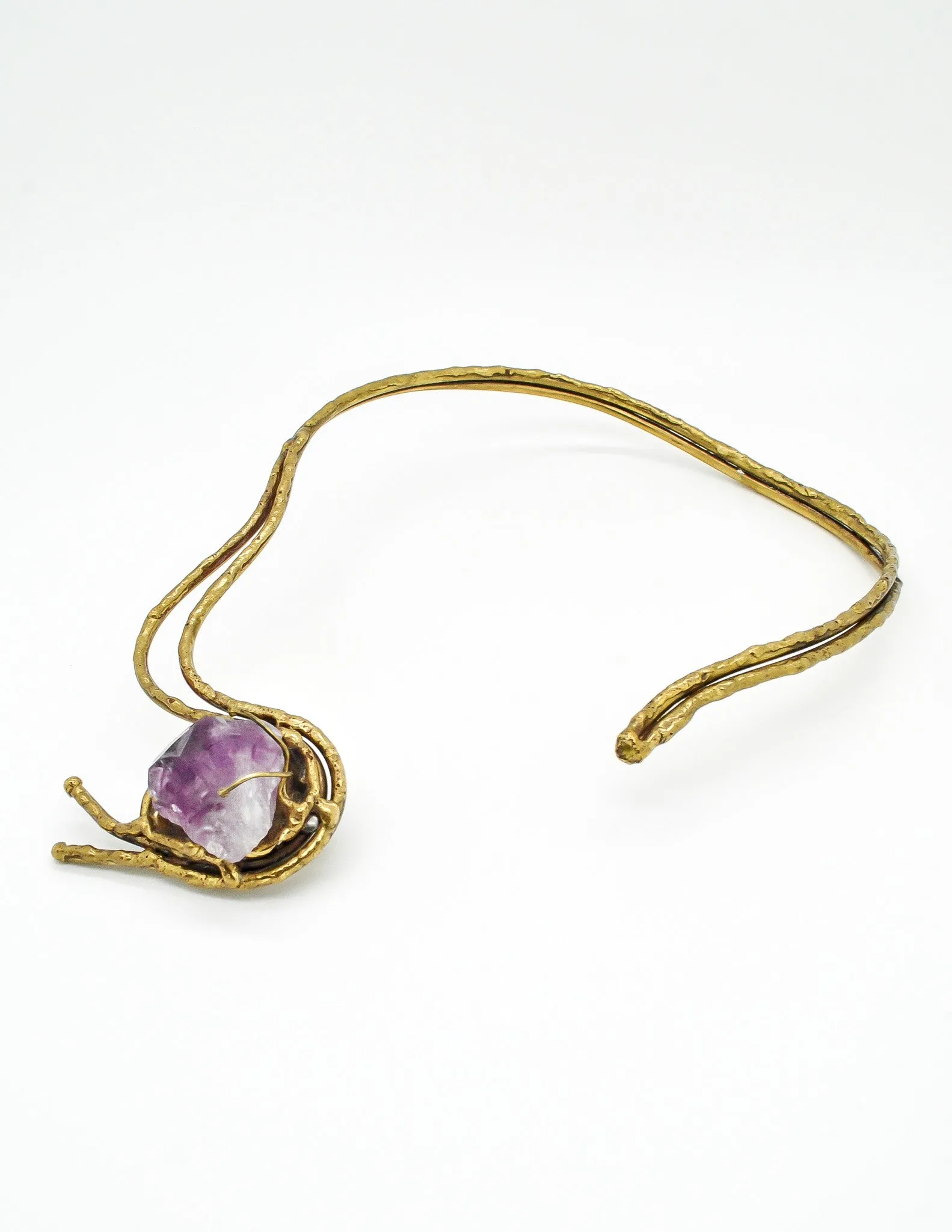 Vintage Amethyst Artisan Brass Metal Art Choker Necklace