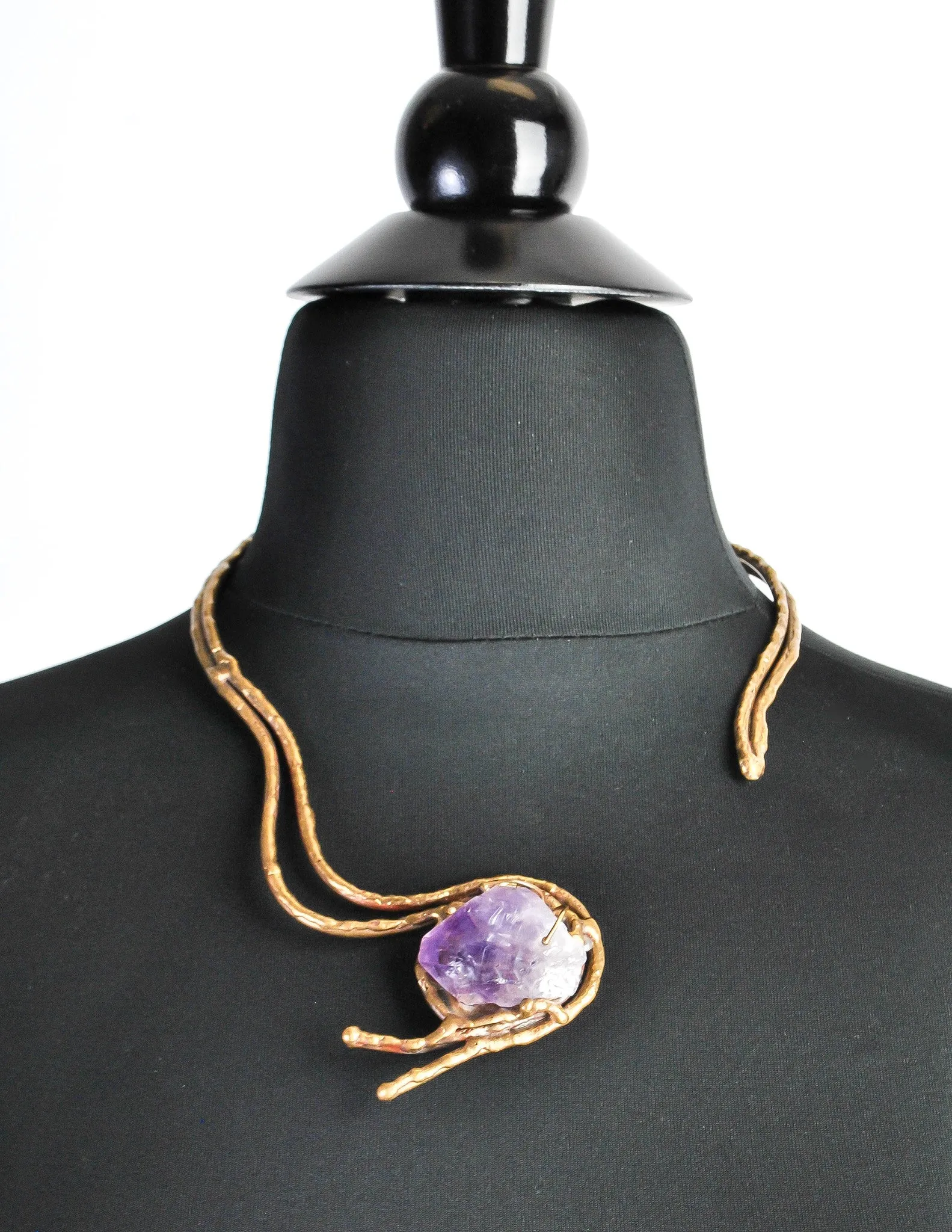 Vintage Amethyst Artisan Brass Metal Art Choker Necklace