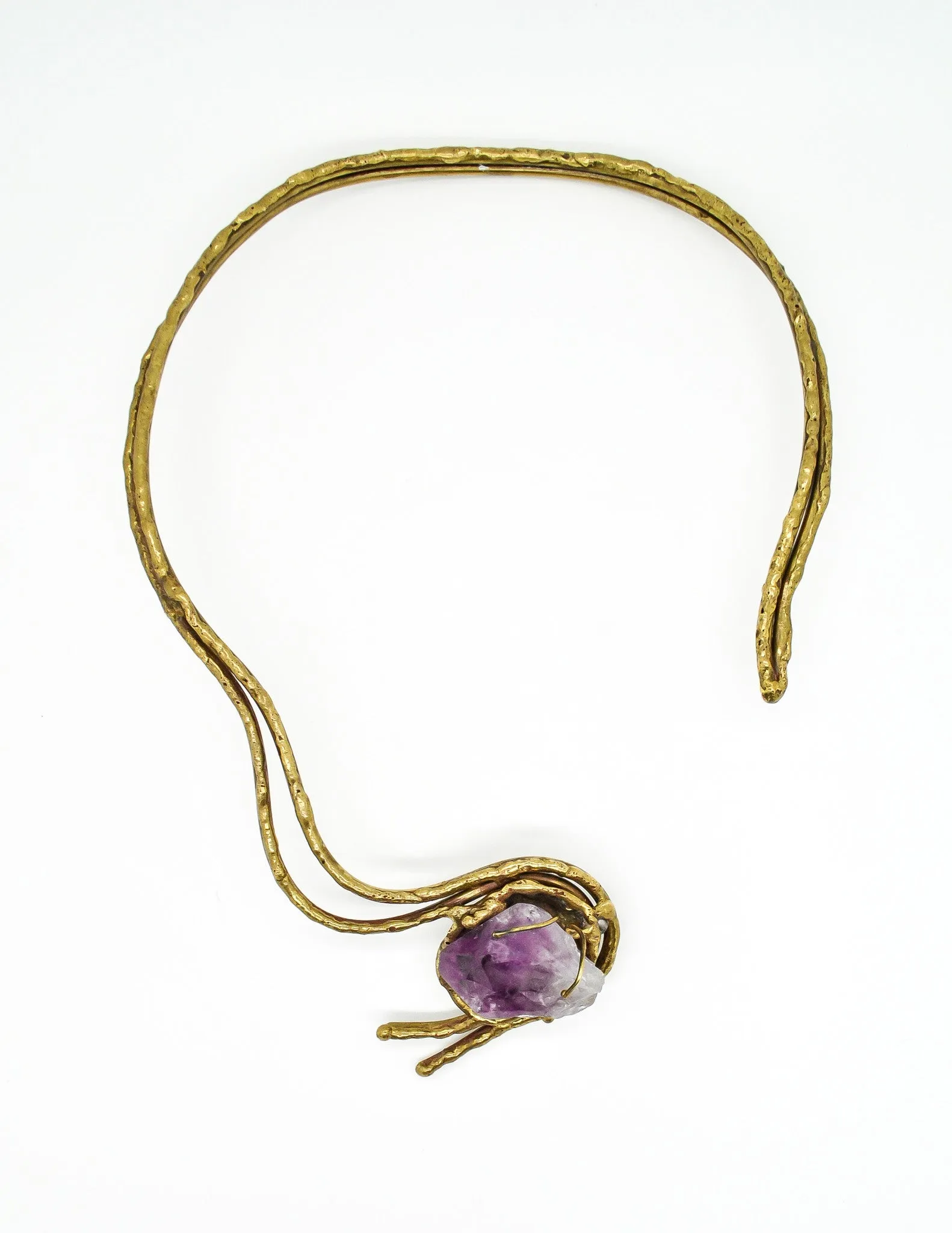 Vintage Amethyst Artisan Brass Metal Art Choker Necklace