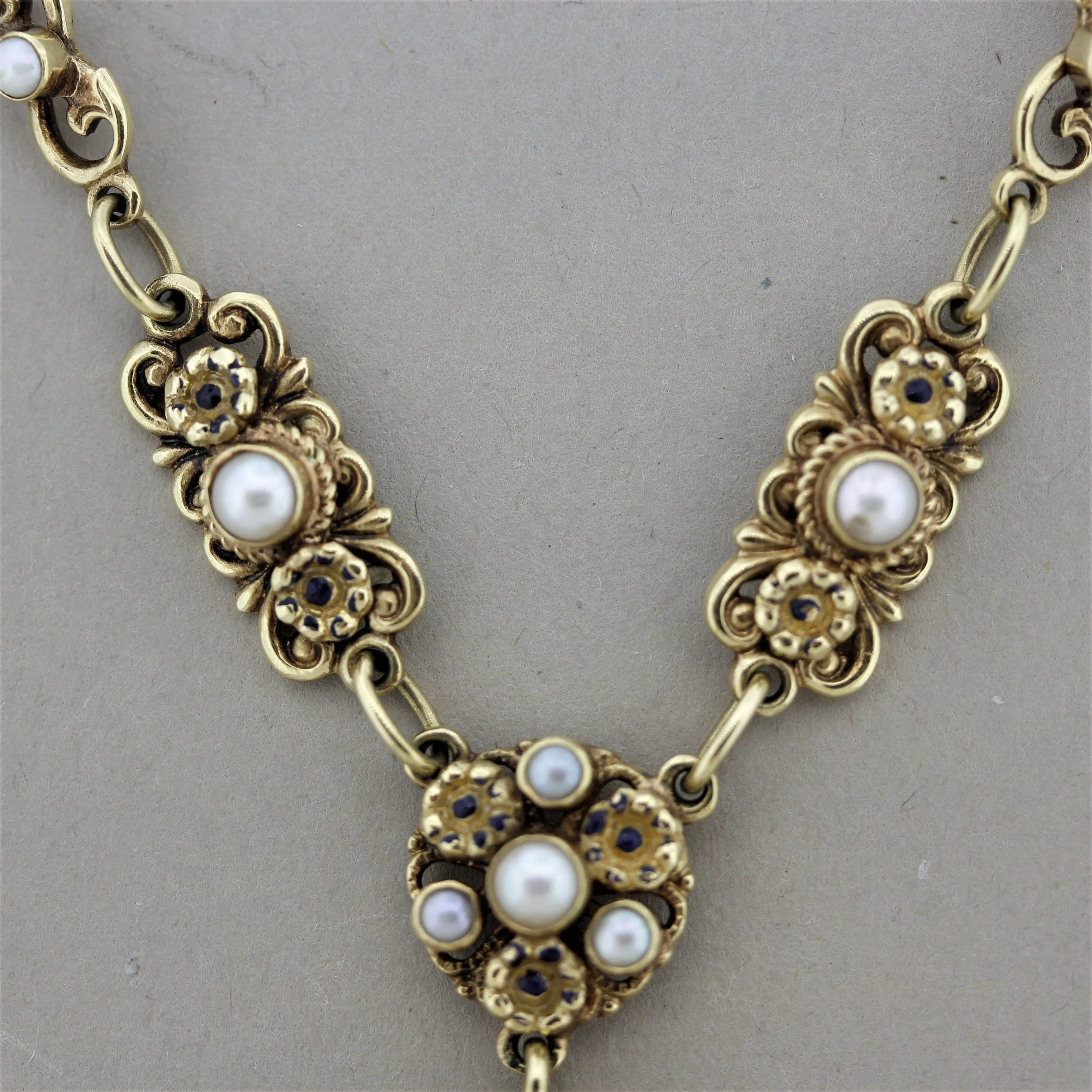 Vintage Antique-Style Amethyst Pearl Gold Drop Necklace