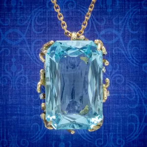 Vintage Aquamarine Diamond Pendant Necklace 18Ct Gold 42Ct Scissor Cut Aqua