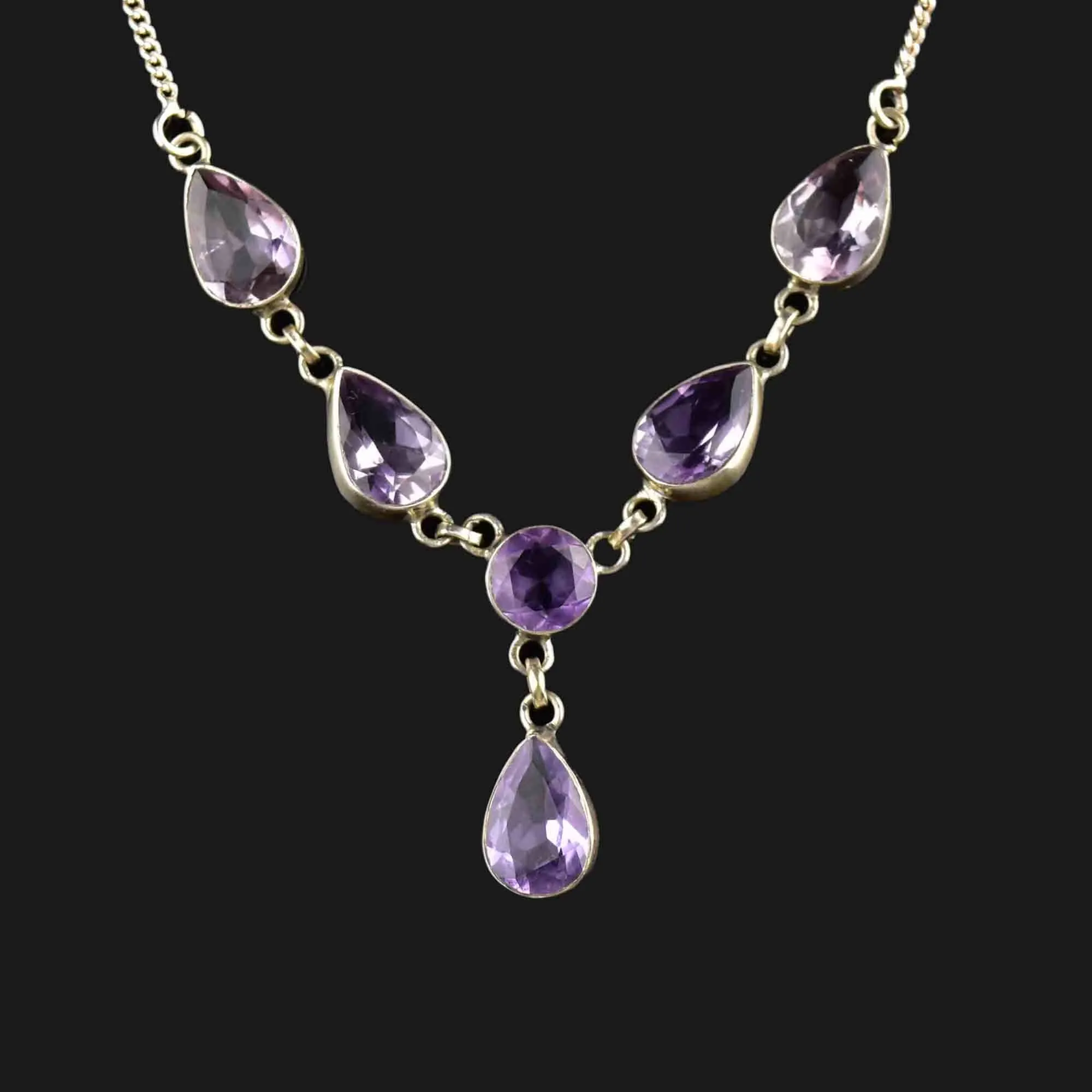 Vintage Art Deco Style Silver Amethyst Drop Necklace