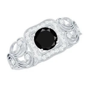 Vintage Created Black Diamond and Diamond Milgrain Engagement Ring