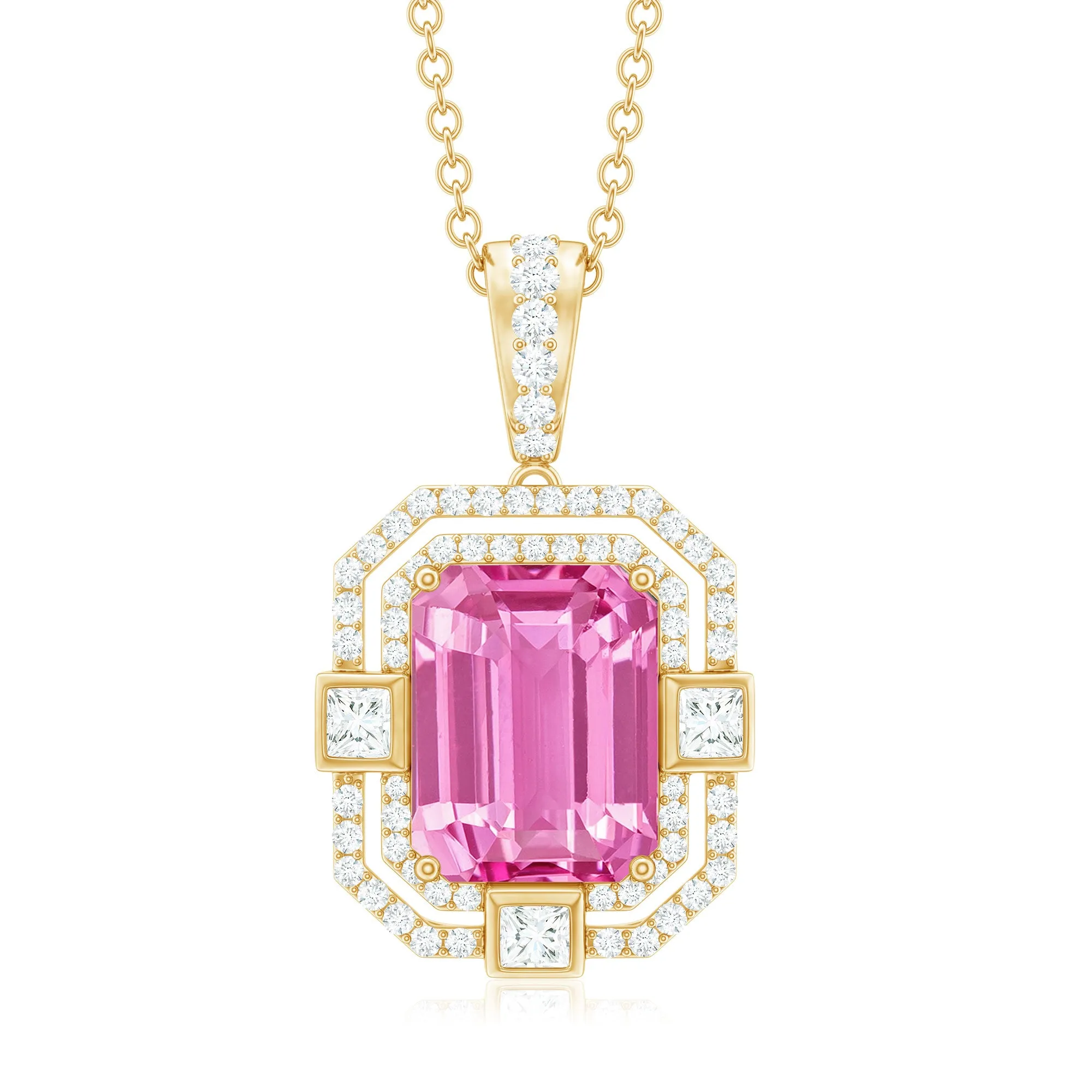 Vintage Emerald Cut Created Pink Sapphire Pendant with Moissanite