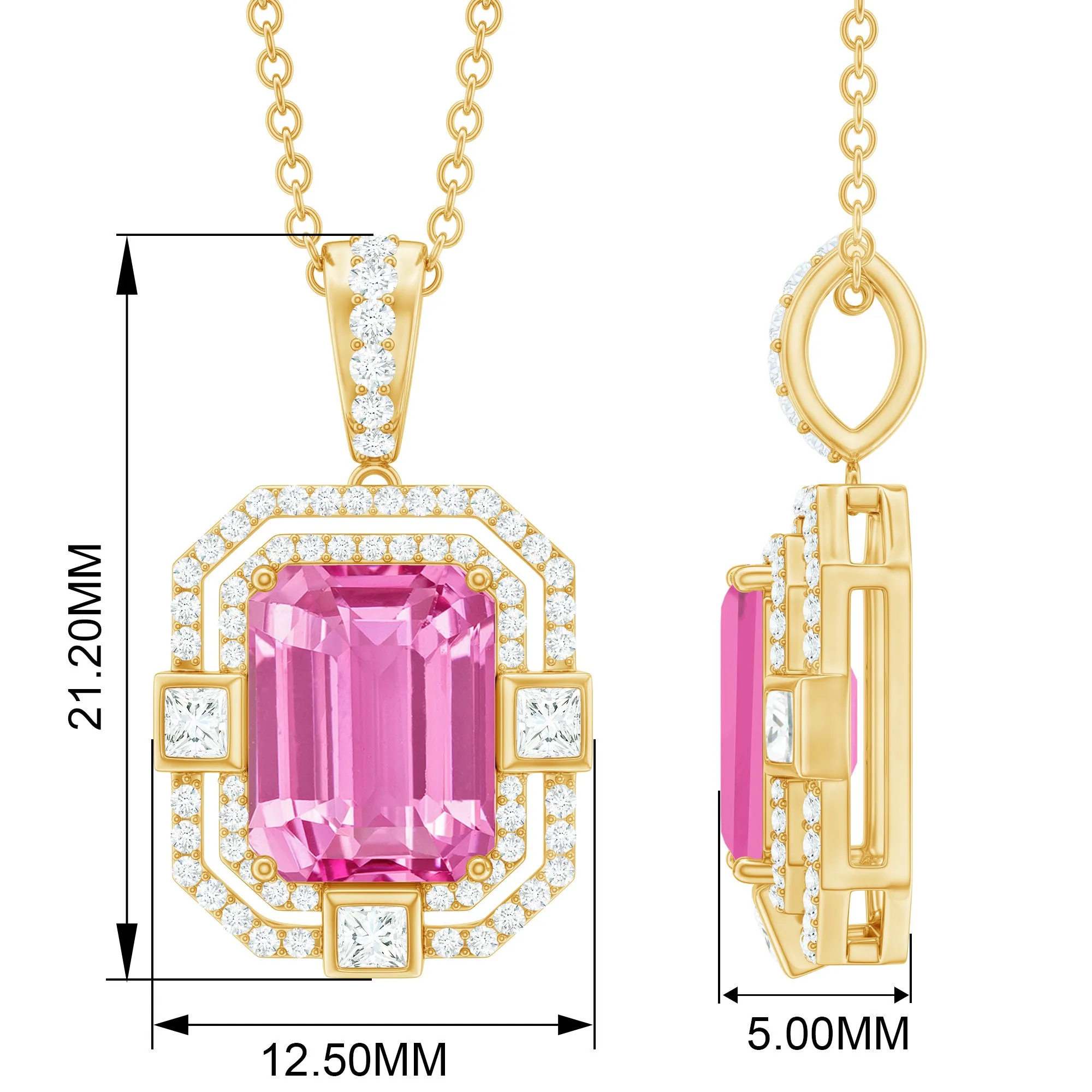 Vintage Emerald Cut Created Pink Sapphire Pendant with Moissanite