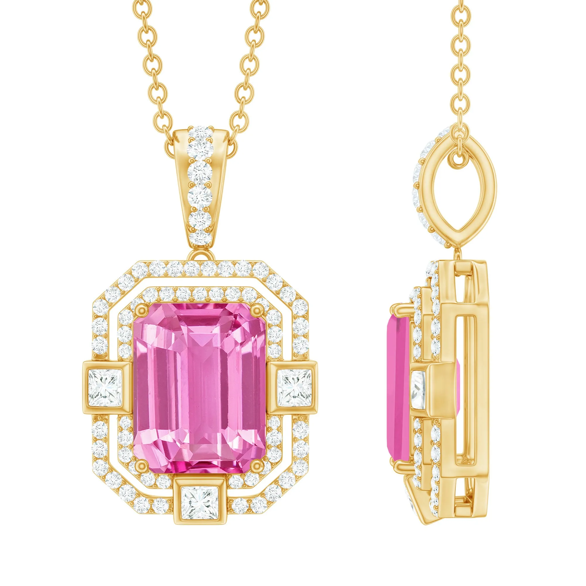 Vintage Emerald Cut Created Pink Sapphire Pendant with Moissanite