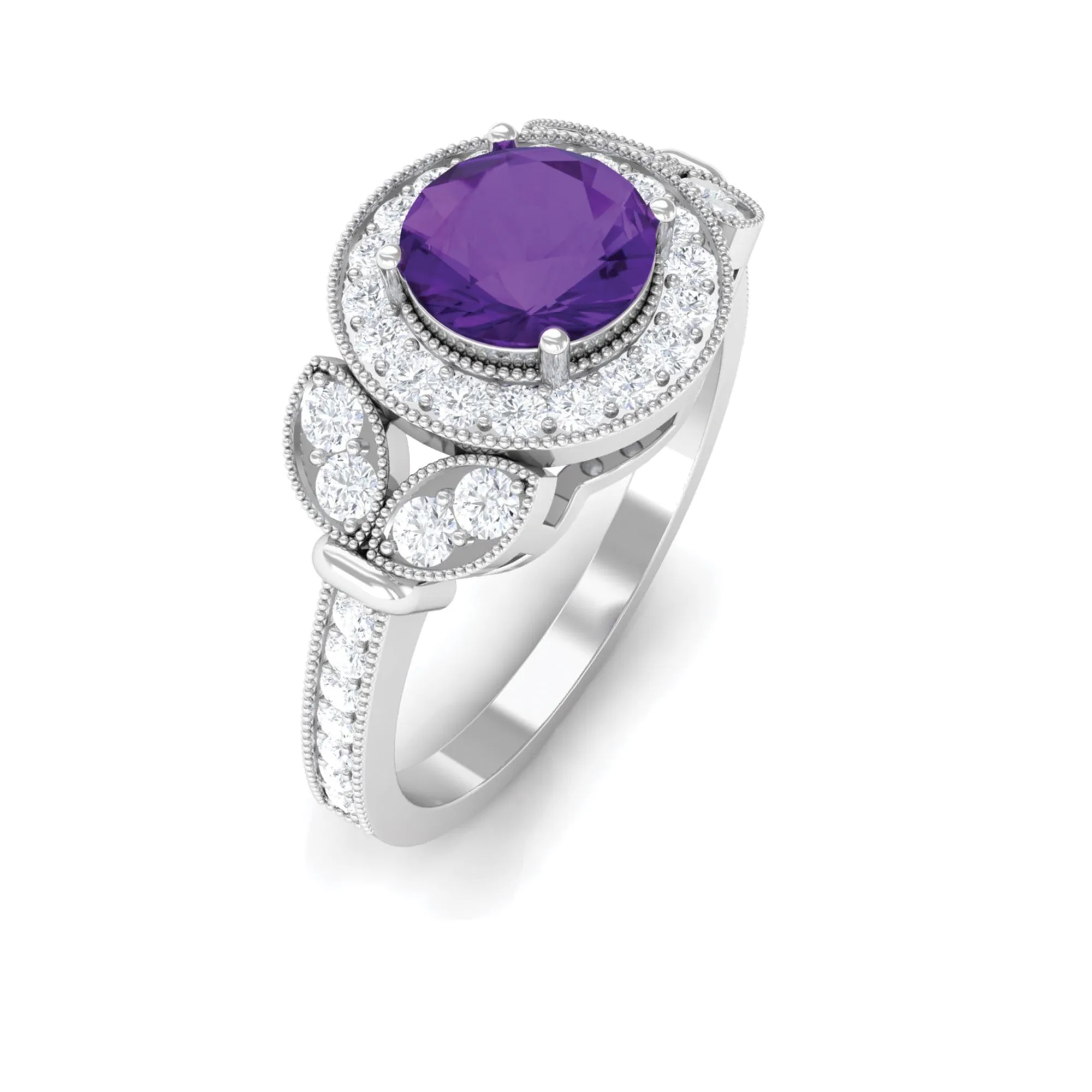 Vintage Inspired Amethyst and Moissanite Engagement Ring