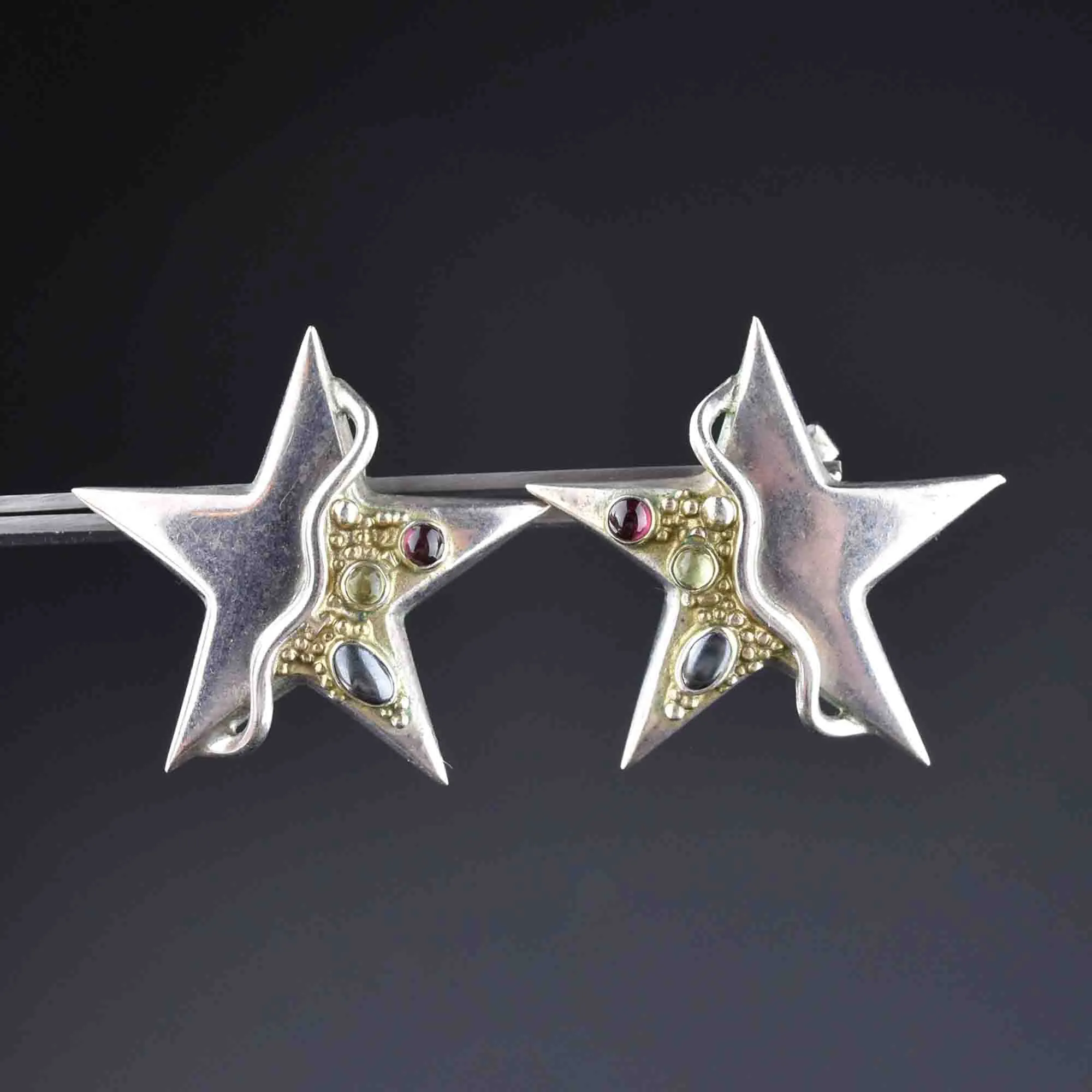 Vintage Multi Gemstone Silver Star Earrings