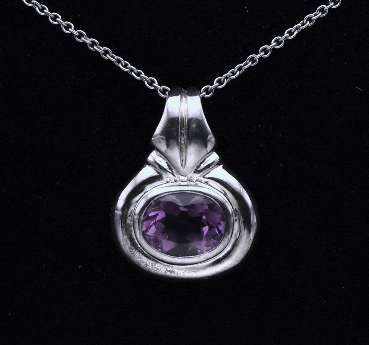 Vintage Sterling Silver Amethyst Pendant Sterling Silver Chain Necklace - 20"