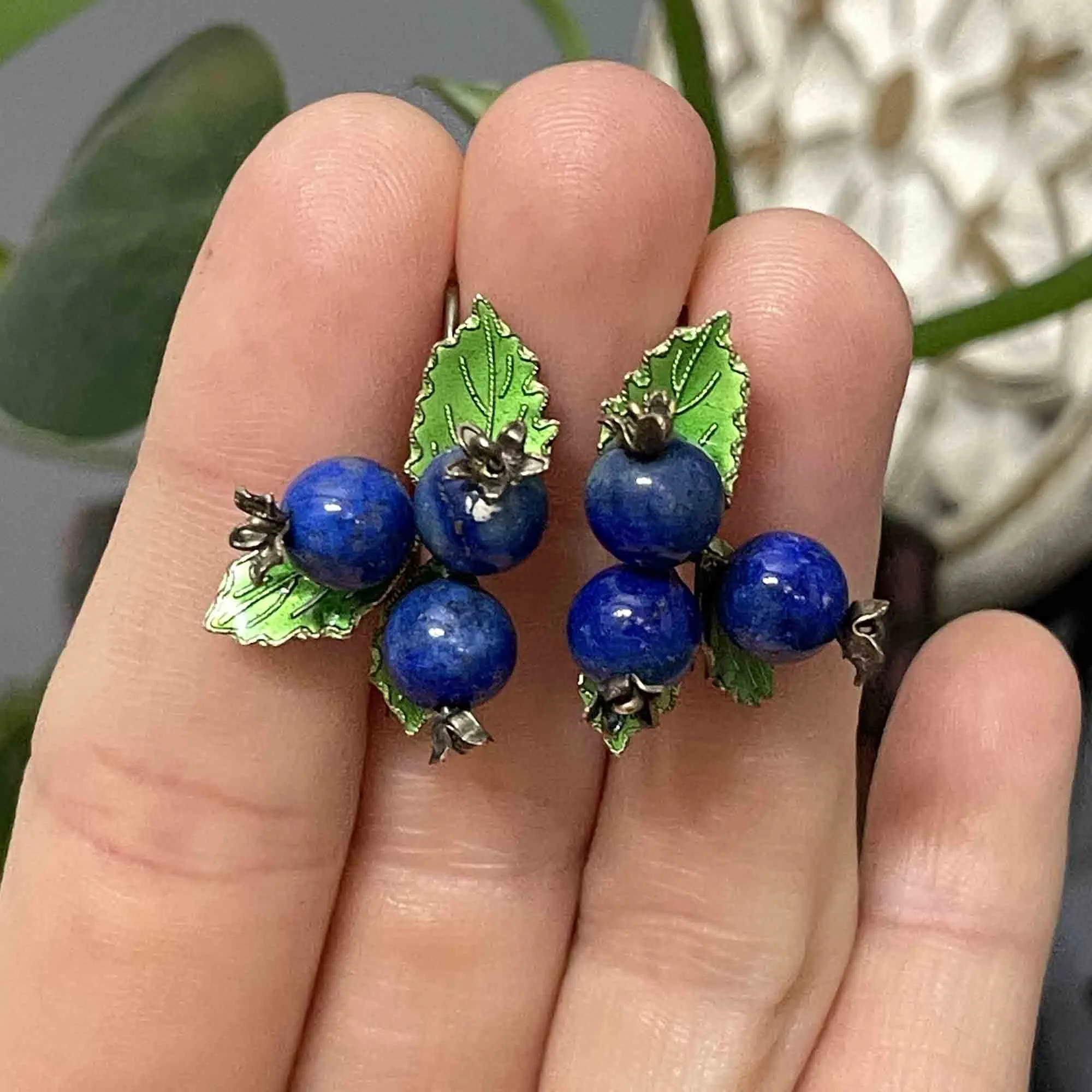 Vintage Sterling Silver Lapis Lazuli Blueberry Enamel Earrings