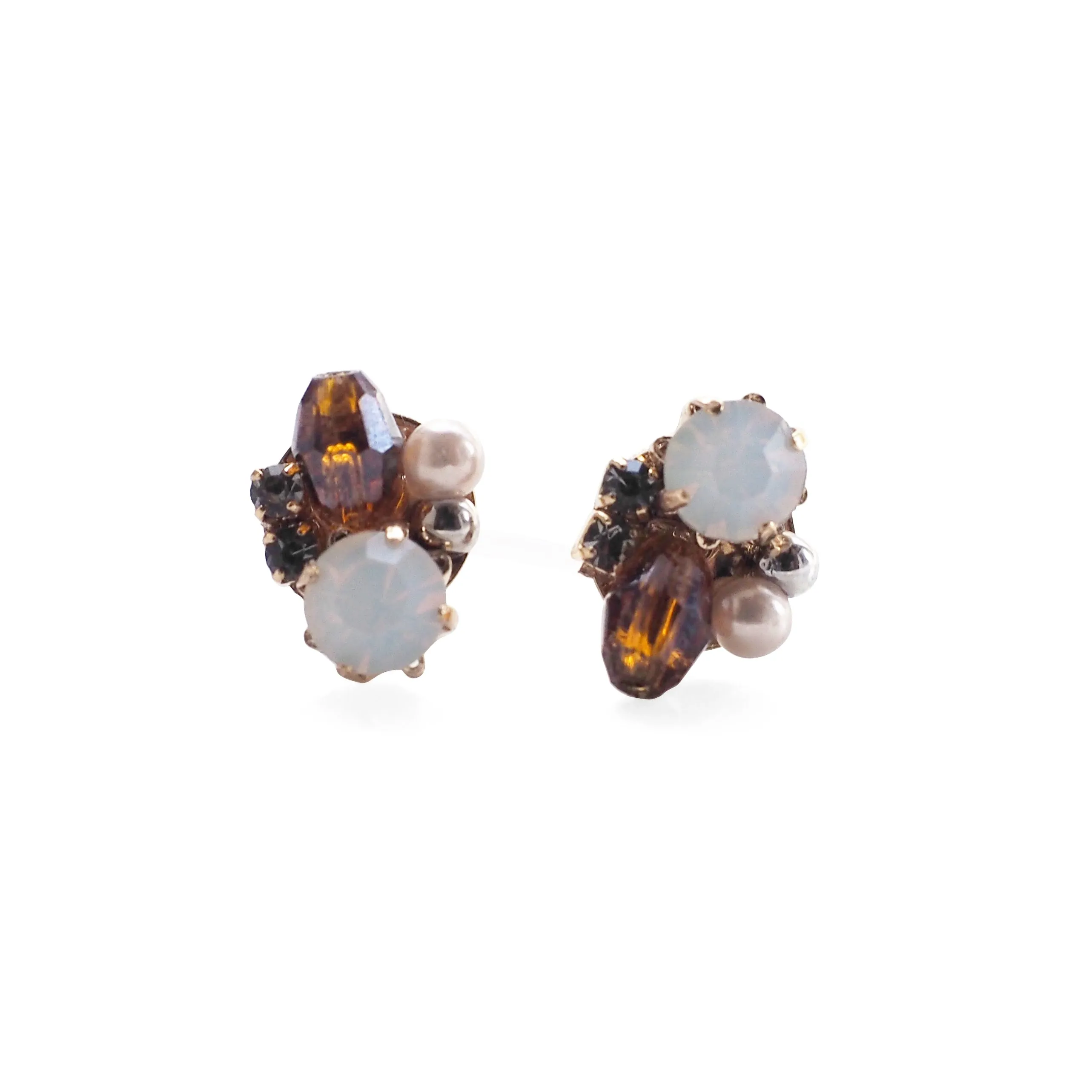 White and Brown Rhinestone Crystal Invisible Clip On Stud Earrings