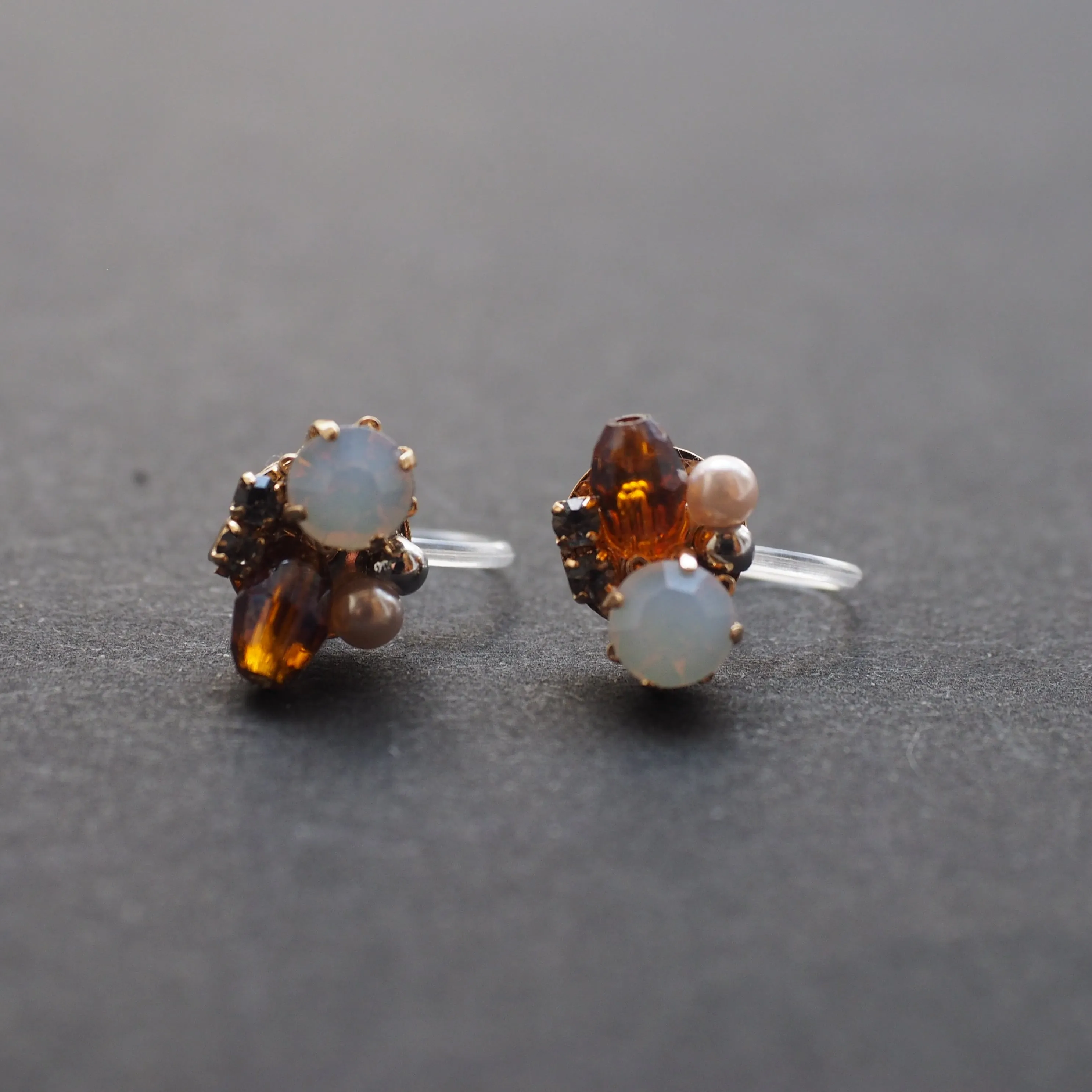 White and Brown Rhinestone Crystal Invisible Clip On Stud Earrings