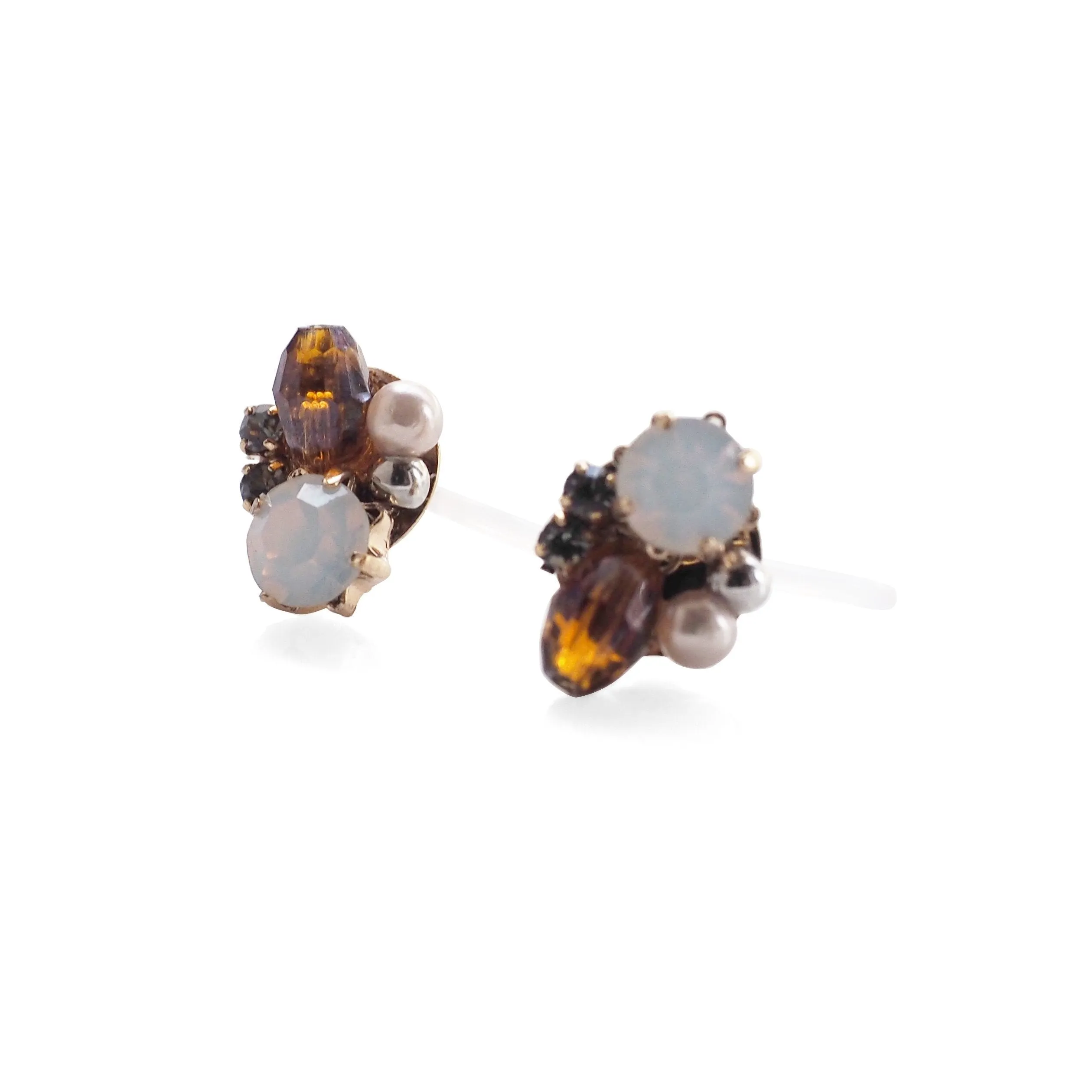 White and Brown Rhinestone Crystal Invisible Clip On Stud Earrings