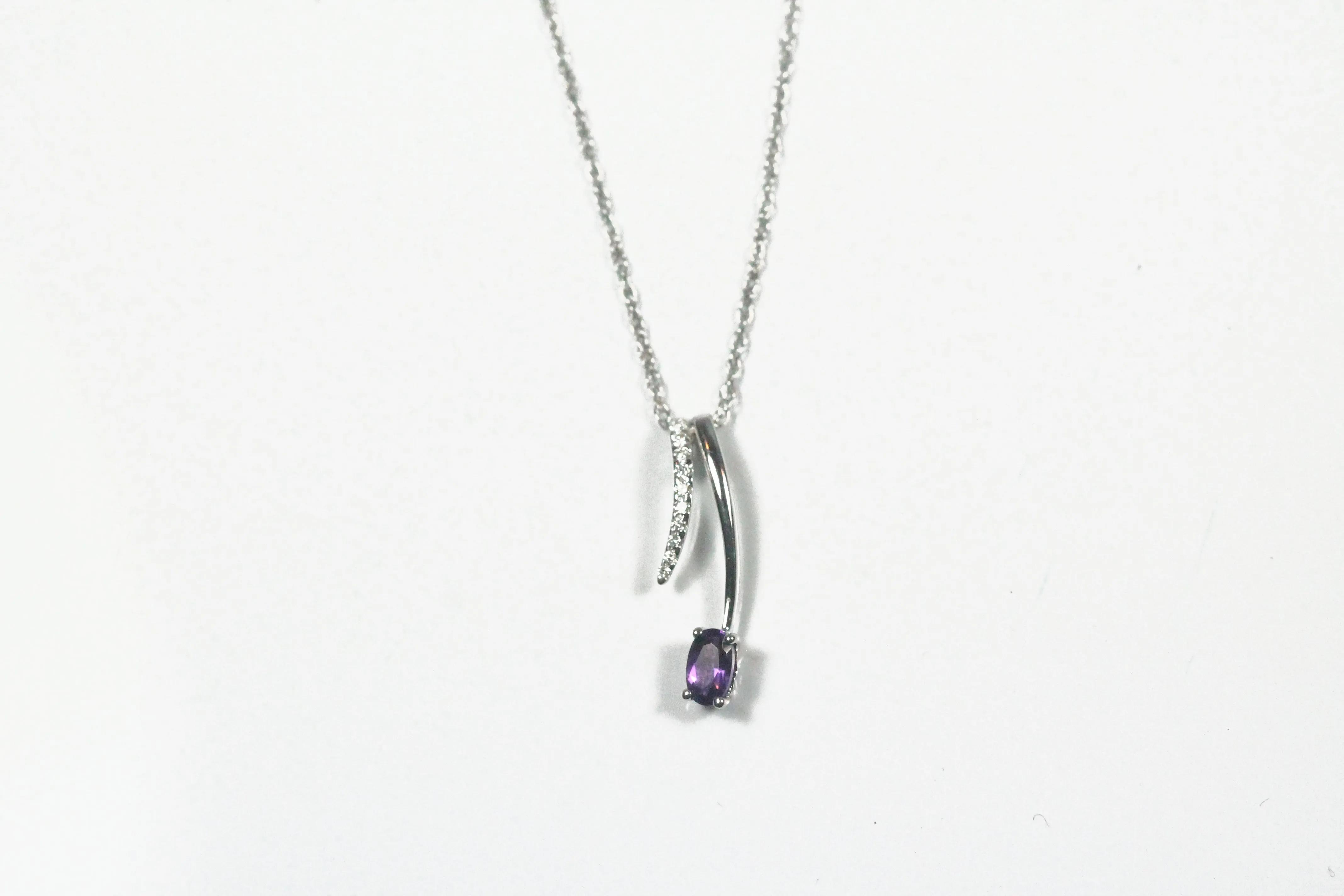 White Gold Amethyst and Diamond Pendant with Chain