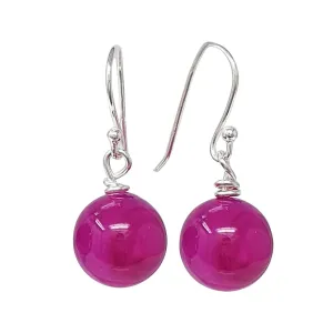 Women's Gemstone Earrings 12mm Pink Agate Drop Ball Earrings 925 Silver Hook